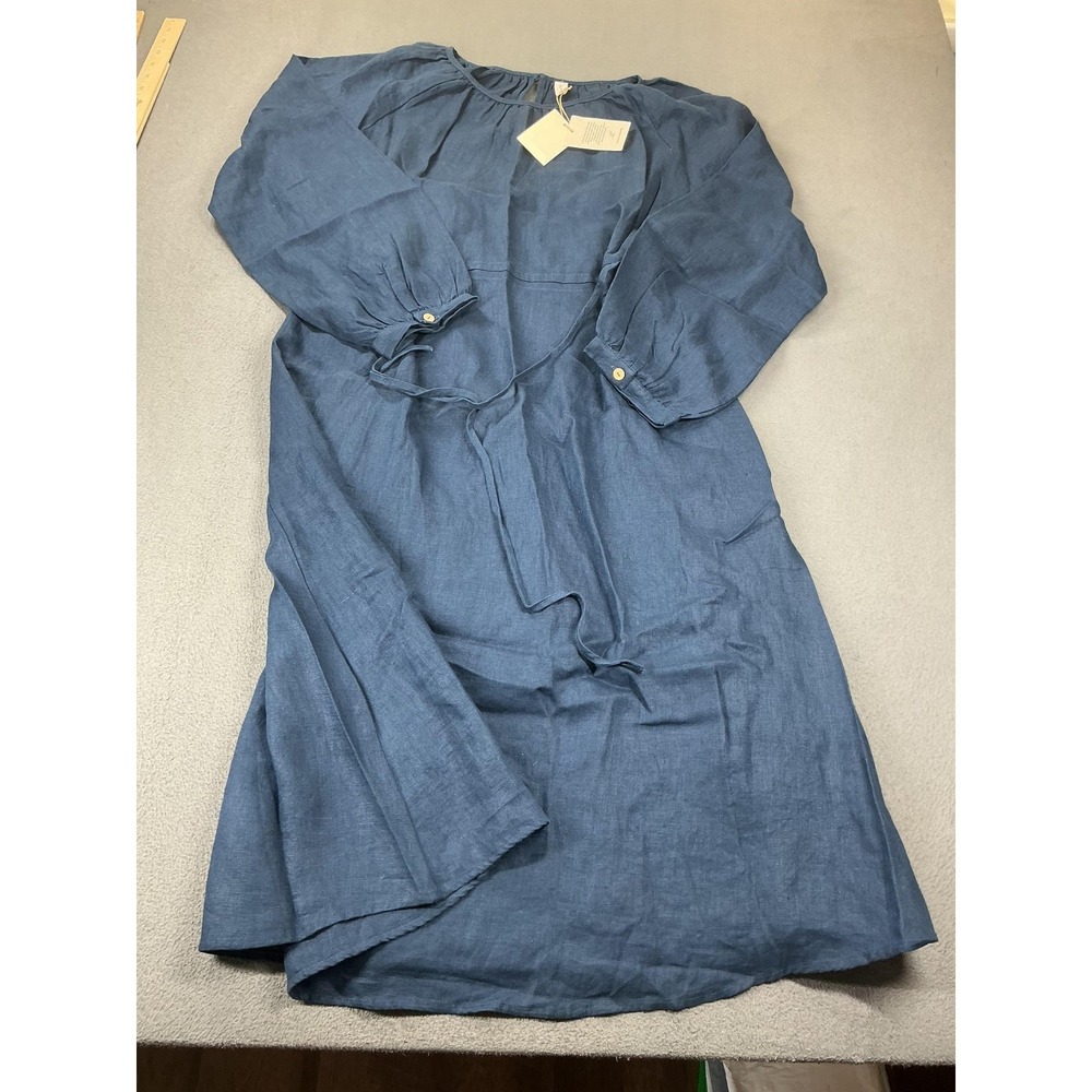 Grae Cove Dress Womens XXL Blue 100% Linen Blouson Midi Puff Sleeve Belted